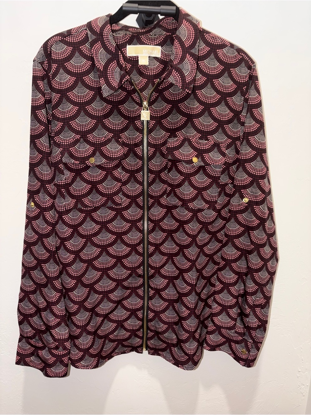 Michael Kors Womens Burgundy Zip-Front Shirt top blouse adjustable sleeves XL - Picture 5 of 11